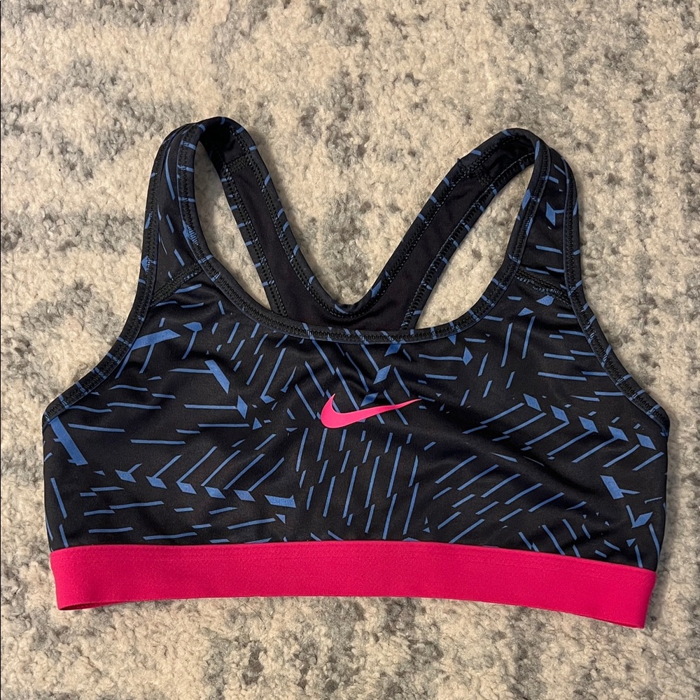 Nike Women's Black and Blue Sports Bra with Pink Band